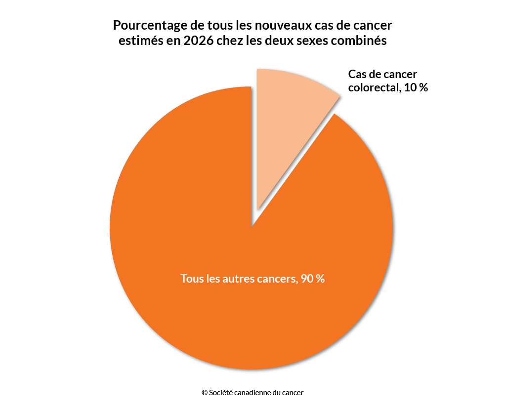 Schéma du pourcentage des nouveaux cas de cancer colorectal estimés en 2026 chez les deux sexes