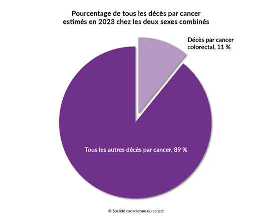 Schéma du pourcentage des décès par cancer colorectal estimés en 2023 chez les deux sexes