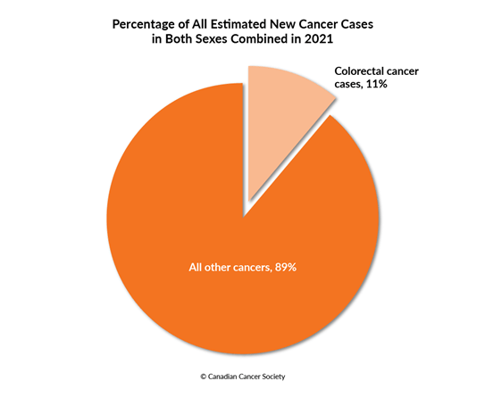 Diagram of percentage of colorectal cancer cases to all other cancers 2021