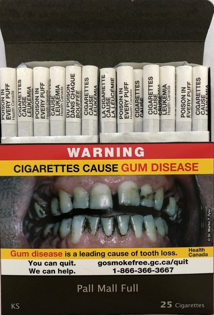 Canadian cigarette package warnings on individual cigarettes