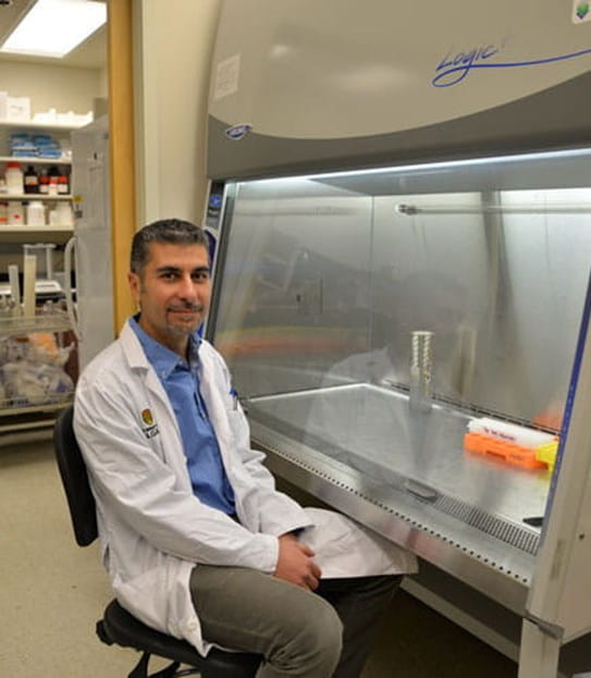 Dr Tarek Bismar sitting in a laboratory