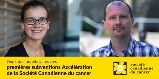 Harriet Feilotter et Trevor Dummer, au-dessus d'une bannière pour les premières subventions d'accélération de la Société canadienne du cancer.