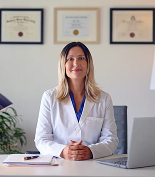 La chercheuse April Khademi, Ph. D., est assise à un bureau, les mains jointes.