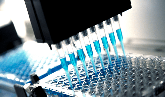 Robotic multichannel pipette device portions out blue fluid