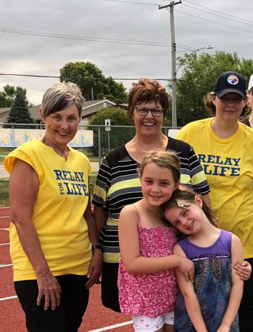 Joan surrounded by her supporters at a Relay For Life track.