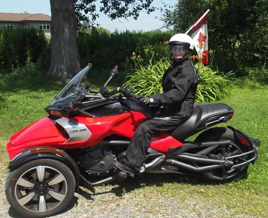 Karen White, sitting on a Can-am Spyder.