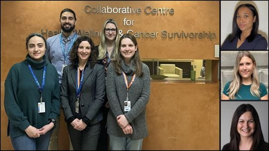 Dr Jackie Bender and her team posing under a sign for the Collaborative Centre for Health Wellness & Cancer Survivorship and some headshots