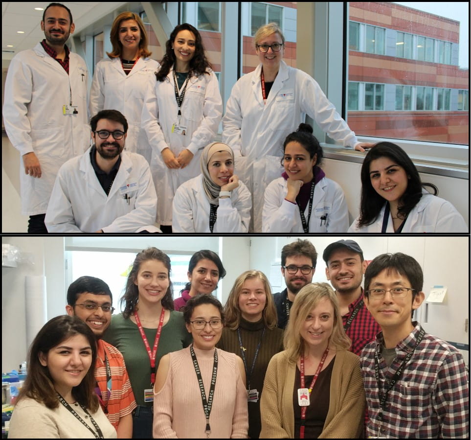Dr Livia Garzia and her team in lab coats posing in front of a building and another team posing in a lab