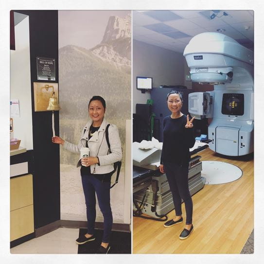(Left): Vivian smiling and ringing a bell, (Right): Vivian smiling and holding up a peace sign in front of a radiation machine