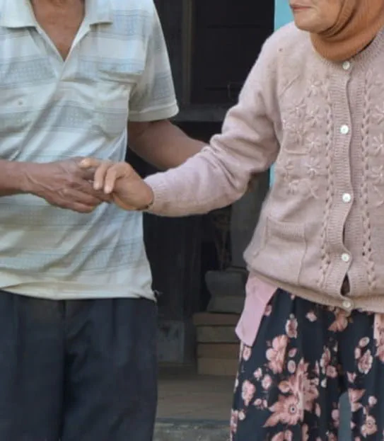 Two people walking together. One person holds the other’s arm.