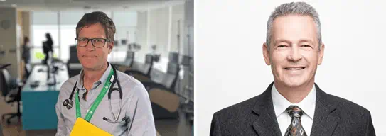 (left): Dr Christopher Booth standing in a conference room, wearing a stethoscope around his neck and holding a folder, (right): Dr Kerry Courneya smiling.
