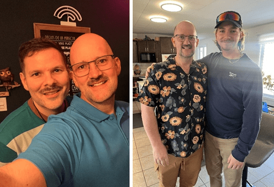 (left): Jimmy Morel smiling with his husband in front of a blackboard. (right) Jimmy standing next to his nephew in the kitchen, both smiling at the camera.