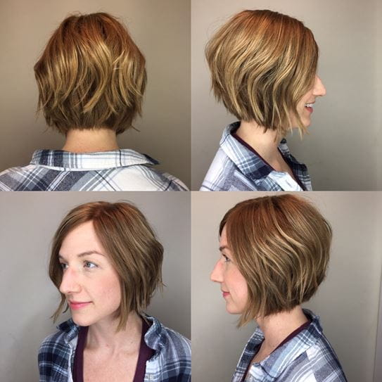 Corinne Schelle wearing her wig photographed from different angles.