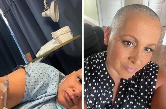 (Gauche) : Annie Lemieux, allongée sur un lit en chemise d’hôpital tandis qu’elle reçoit ses traitements contre le cancer ; (droite) : Annie Lemieux est assise chez elle, le crâne rasé, et sourit à l’objectif.