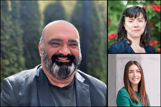 A collage of headshots of Dr Parveen Bhatti on the left, and his collaborators, Dr Amee Manges on top right and Dr Rachel Murphy on bottom left.
