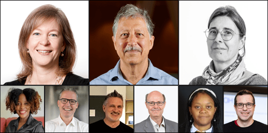 (top left to right): A collage of headshots of Dr Marie-Élise Parent, Dr Manolis Kogevinas, Dr Florence Menegaux and her team of international researchers on the bottom.