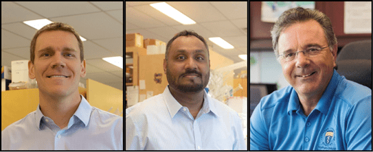 (de droite à gauche) Photomontage des têtes de Christopher Thome, Ph. D., et des cochercheurs principaux Sujeenthar Tharmalingam, Ph. D. et Douglas Boreham, Ph. D.