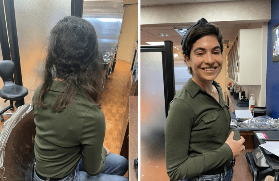 (left): Robby’s remaining hair after chemo. (right): Robby smiling with her hair cut short.