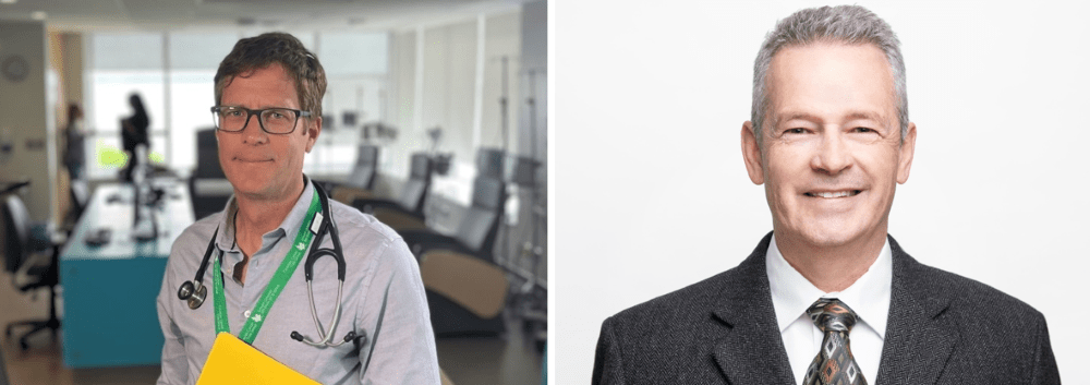À gauche : Le Dr Christopher Booth, debout dans une salle de conférence, portant un stéthoscope autour du cou et tenant une chemise; à droite : Un portrait de Kerry Courneya, Ph. D.