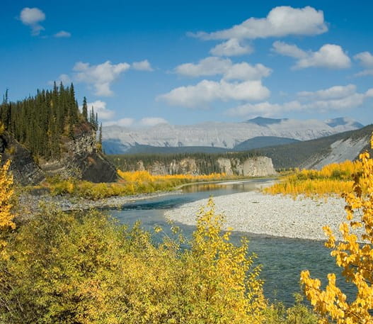 Landscape of the Ogilvie River and mountains in the Yukon