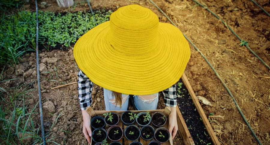 Gardener working outside with plants wearing a large sun hat