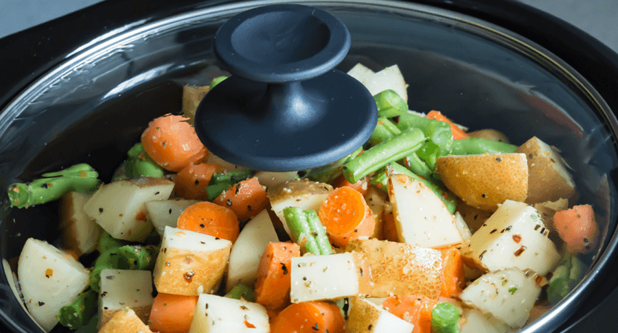 A meal cooking in a crockpot