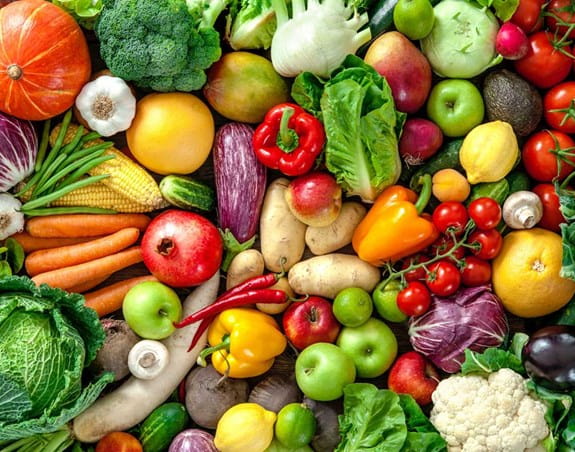 An assortment of vegetables and fruit