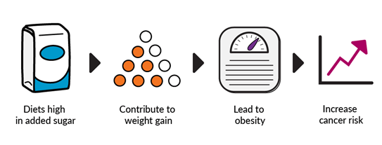 Infographic showing added sugars contribute to weight gain and obesity, which can increase cancer risk