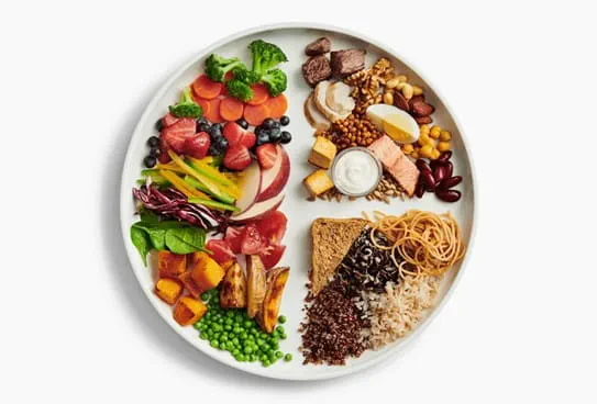 A plate with vegetables and fruit, whole grain foods and protein foods