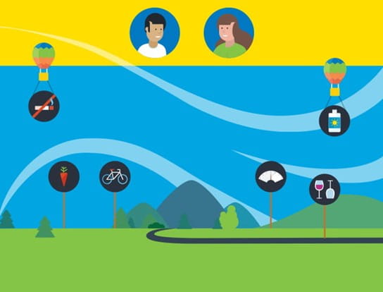 A cartoon graphic of an outdoor trail with icons along it showing ways to reduce cancer risk