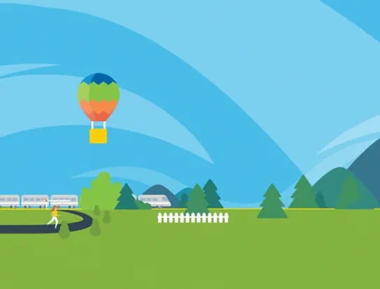 Illustration fantaisiste d’une personne courant sur un chemin et d’une montgolfière flottant dans le ciel
