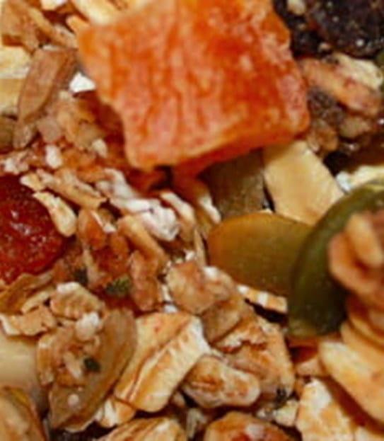 A close up on a bowl of granola with fruit and nuts