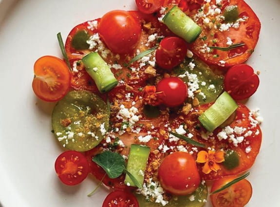 Tomato Salad with Cucumbers, Toasted Almonds, Lemon Ricotta and Chermoula
