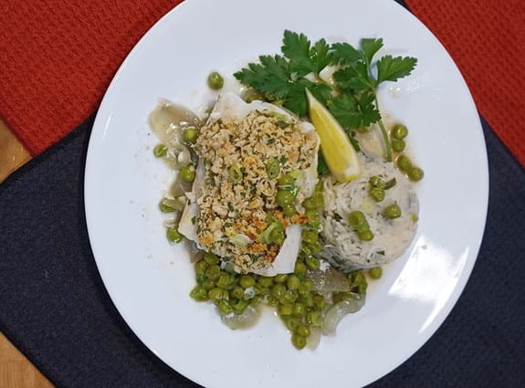 Baked Crumb Crusted Cod with Rice and Peas