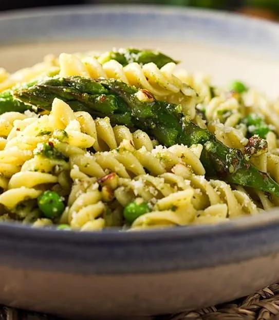 Pasta with roasted asparagus and almond pesto