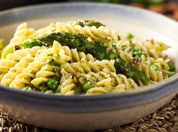 Pasta with roasted asparagus and almond pesto