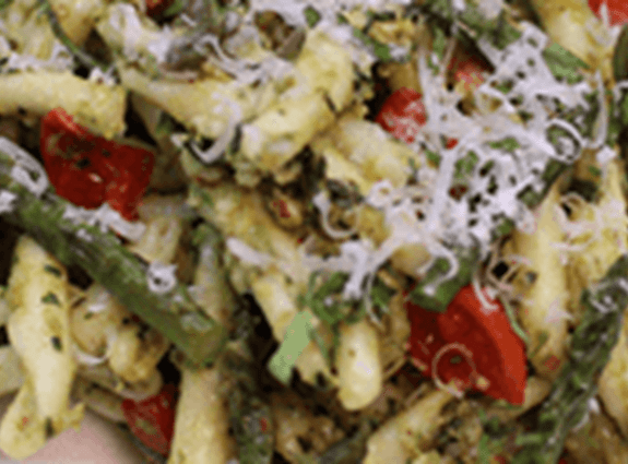 Pasta with roasted asparagus and almond pesto