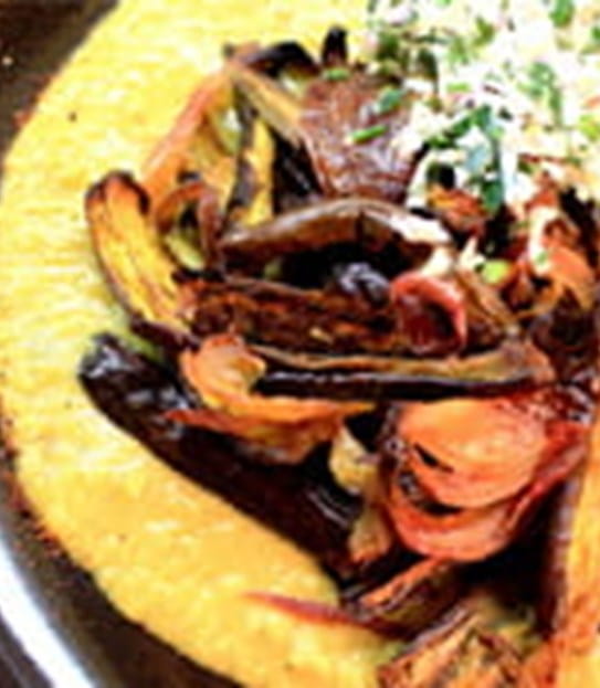 Roasted eggplant curry with coconut sambol