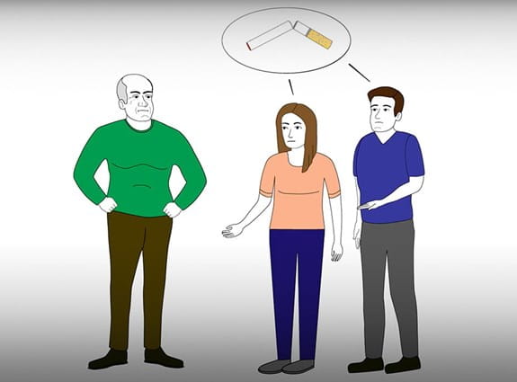 a cartoon graphic showing a young man and woman telling an older man to quit smoking