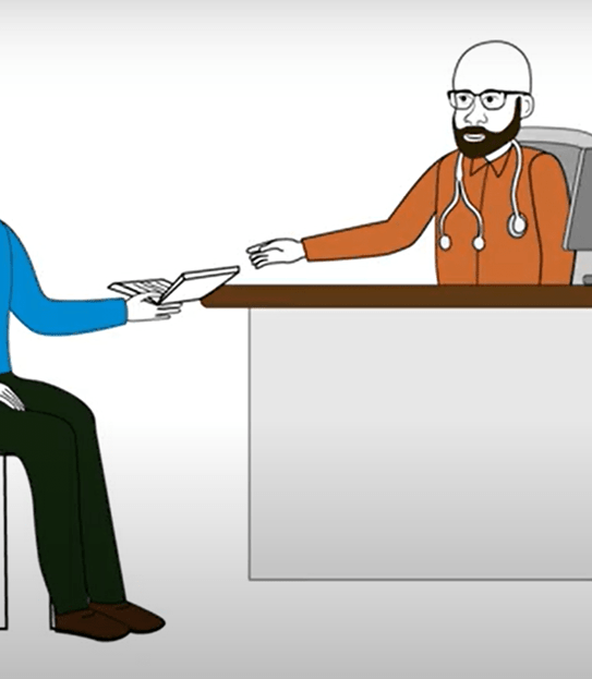 A cartoon image of a doctor handing a patient a book