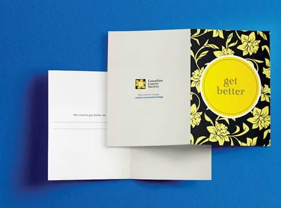 Two Get Better greeting cards showing the daffodil design on the cover and space for a custom message inside