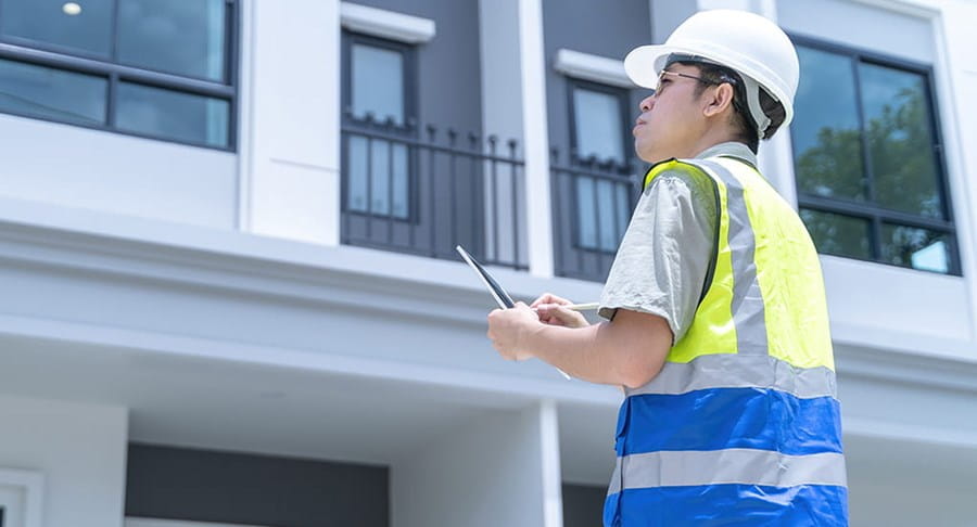Une personne portant un équipement de sécurité en train d’inspecter l’extérieur d’un bâtiment moderne.