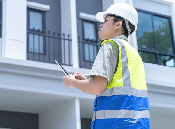 Person in safety gear is inspecting the exterior of a modern building