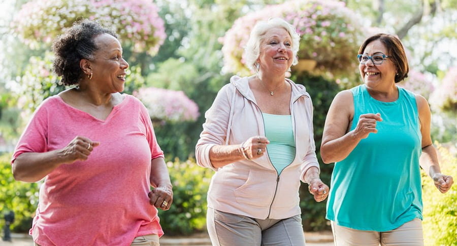 Three older women jogging together in a park on a sunny day.