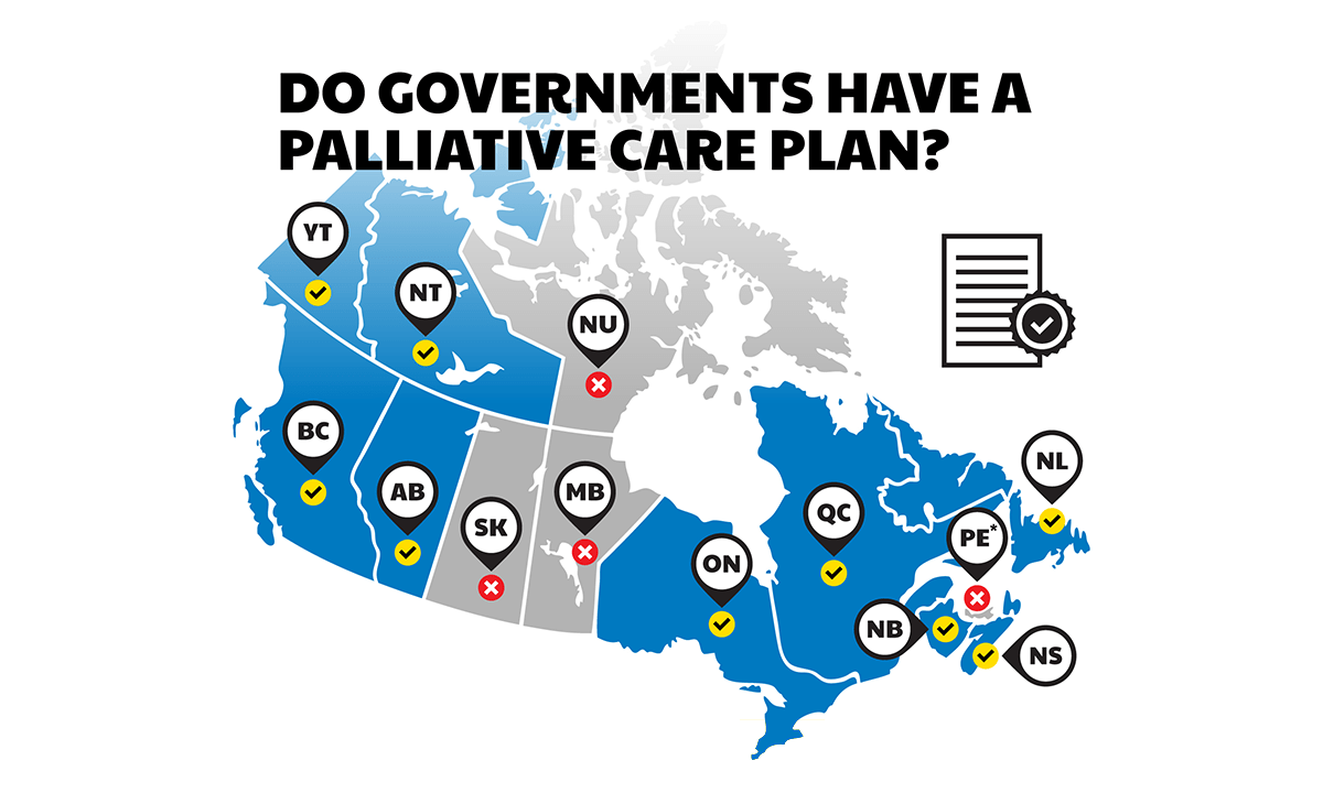 Map of Canada which shows Manitoba, Saskatchewan, Nunavut, and PEI lack a palliative care strategy.