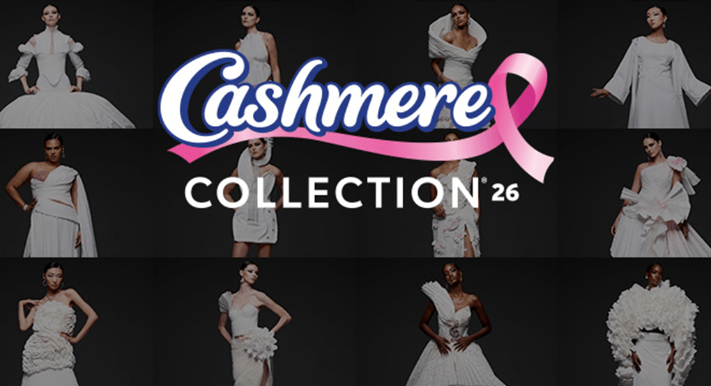 A collage of models wearing unique, elaborate outfits from the Cashmere Collection '25. The center features the text 'Cashmere Collection '25' alongside a pink ribbon symbol, representing breast cancer awareness.