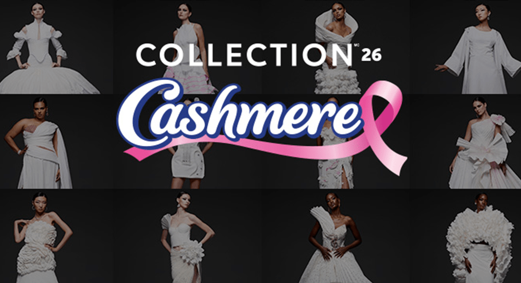 Un collage de photos de mannequins portant des tenues uniques et élaborées tirées de la Collection Cashmere 2025. Au centre, on retrouve le texte « Collection Cashmere 2025 » accompagné du ruban rose, symbole de la sensibilisation au cancer du sein. 