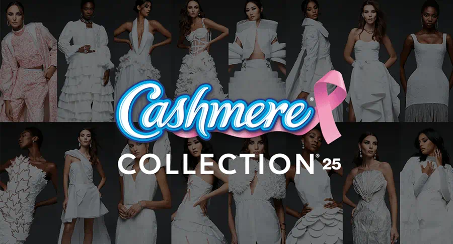 A collage of models wearing unique, elaborate outfits from the Cashmere Collection '25. The center features the text 'Cashmere Collection '25' alongside a pink ribbon symbol, representing breast cancer awareness.