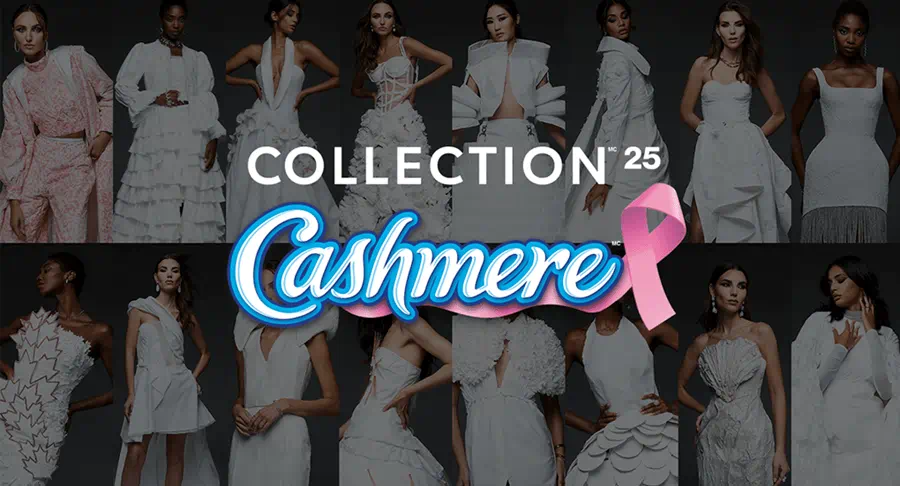Un collage de photos de mannequins portant des tenues uniques et élaborées tirées de la Collection Cashmere 2025. Au centre, on retrouve le texte « Collection Cashmere 2025 » accompagné du ruban rose, symbole de la sensibilisation au cancer du sein.