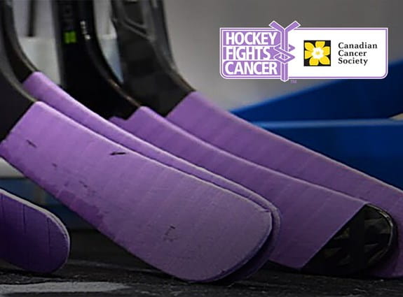 Hockey Fights Cancer and Canadian Cancer Society logos beside 13 hockey sticks with purple hockey tape